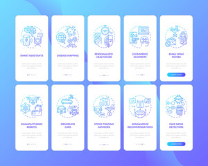 Fototapeta na wymiar Artificial intelligence onboarding mobile app page screen with concepts set. Modern technologies walkthrough 10 steps graphic instructions. UI vector template with RGB color illustrations