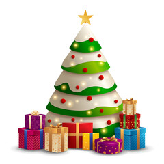 Christmas tree with gifts isolated on white background.