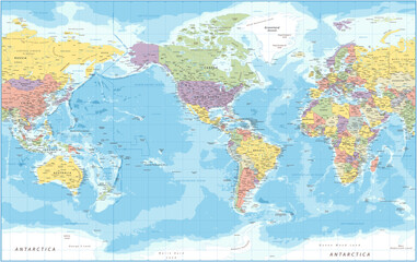 World Map - Political - American View - America in Center -Vector Detailed Illustration