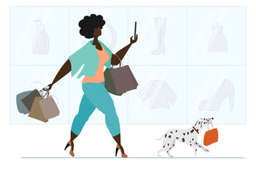 African American woman shopping at the supermarket. A beautiful girl with a Dalmatian carries a lot of shopping bags. The concept of success, positive body, joy of shopping.