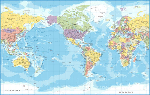 World Map - Political - American View - America in Center -Vector Detailed  Illustration Stock Vector | Adobe Stock