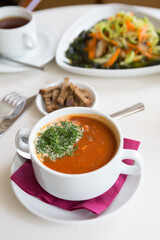 Bowl of red tomato soup with croutons