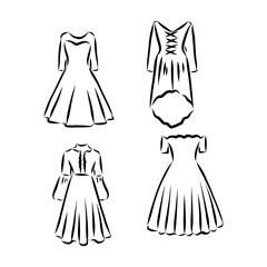 Hand drawn vector clothing set. of trendy maxi dresses isolated on white. dress vector sketch illustration