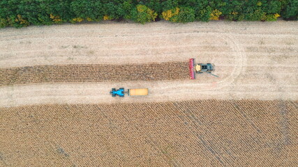 Aerial shot of tractor transporting corn cargo along field during harvesting. Flying over agricultural machine driving through farmland with grain in trailer. Top view