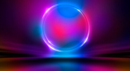 Dark abstract background. Neon light circle figure. Reflection of neon light on the water. 