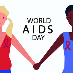 Women with red ribbons hold hands. World AIDS Day first Desember. Vector illustration concept of support by HIV
