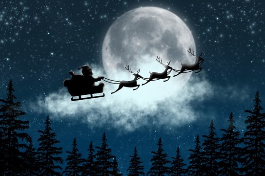 Santa clause is coming to town background illustration drawing. Digital painting Christmas theme, Xmas night with big moon backdrop 