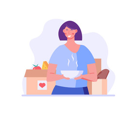 Happy woman holds a plate of soup, food box in hands. Concept of help, social care, volunteering, support for poor people, food donation. Cartoon flat vector illustration for web banner
