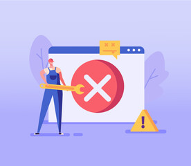 Man with a wrench repairing a computer. Concept of repairmen, repair computer, laptop, fix app, broken equipment, quick repair. Vector illustration in flat design