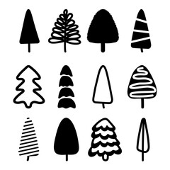 Set of different black hand drawn tree silhouettes. Isolated on a white background
