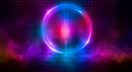 Dark abstract background. Neon light circle figure. Reflection of neon light on the water. 