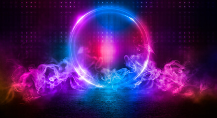 Dark abstract background. Neon light circle figure. Reflection of neon light on the water. 