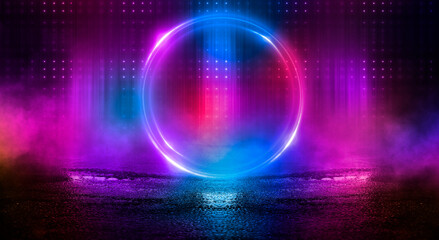 Dark abstract background. Neon light circle figure. Reflection of neon light on the water. 