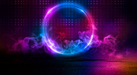 Dark abstract background. Neon light circle figure. Reflection of neon light on the water. 