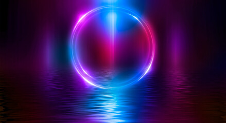 Dark abstract background. Neon light circle figure. Reflection of neon light on the water. 