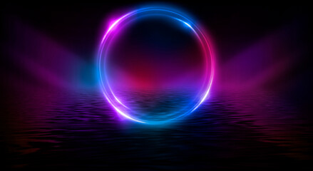 Dark abstract background. Neon light circle figure. Reflection of neon light on the water. 
