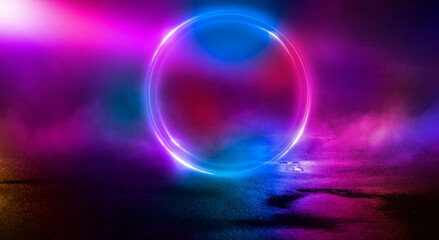Dark abstract background. Neon light circle figure. Reflection of neon light on the water. 