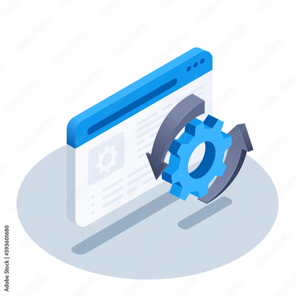 Poster isometric vector illustration on white background, icon in the form of program window and gear with 