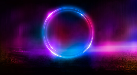 Dark abstract background. Neon light circle figure. Reflection of neon light on the water. 