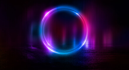 Dark abstract background. Neon light circle figure. Reflection of neon light on the water. 