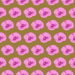 Seamless pattern with pink poppy flowers on a green background