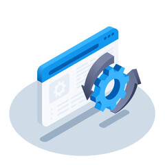 isometric vector illustration on white background, icon in the form of program window and gear with arrows, application settings