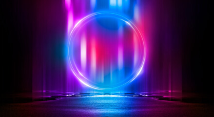 Dark abstract background. Neon light circle figure. Reflection of neon light on the water. 