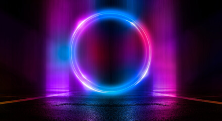 Dark abstract background. Neon light circle figure. Reflection of neon light on the water. 