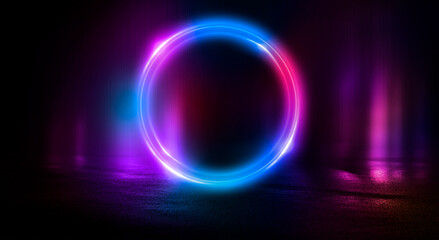 Dark abstract background. Neon light circle figure. Reflection of neon light on the water. 