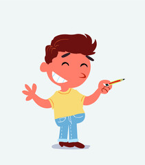  cartoon character of little boy on jeans says something funny while pointing to the side with a pencil.