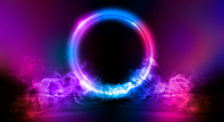 Dark abstract background. Neon light circle figure. Reflection of neon light on the water. 