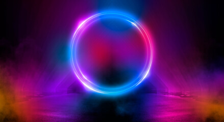 Dark abstract background. Neon light circle figure. Reflection of neon light on the water. 