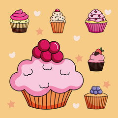 pink cupcakes icon set, colorful design
