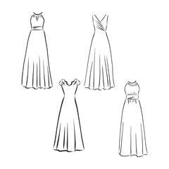 Hand drawn vector clothing set. of trendy maxi dresses isolated on white. dress vector sketch illustration