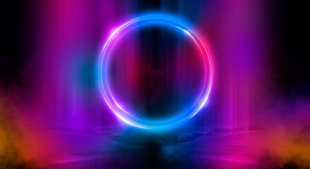 Dark abstract background. Neon light circle figure. Reflection of neon light on the water. 