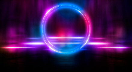 Dark abstract background. Neon light circle figure. Reflection of neon light on the water. 