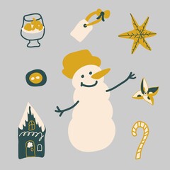 Vector set illustrations for Christmas and New Year.Clip art with snowman,star,drink,house,gift, candy,button,label.Collection in trend colors 2021:tidewater green,fortuna gold,sail champagne.