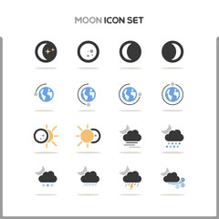 Moon icon set. Color icon set with round shadow. Vector illustration