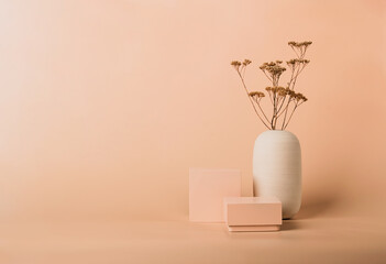 Modern abstract podium of geometric shapes dried flowers on pastel background