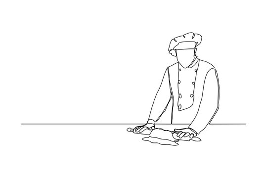 recommend clip art: Continuous line drawing of chef man rolling bakery pizza dough use wooden rolling pins.  One line concept of bake receipt cooking. Vector illustration