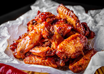 fried chicken wings with sweet chili sauce on white paper