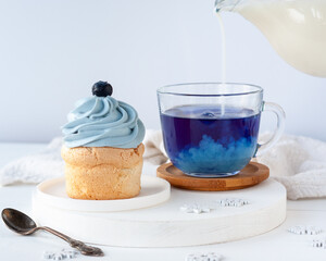 Blue trendy drink from Butterfly pea tea with milk and cake for breakfast