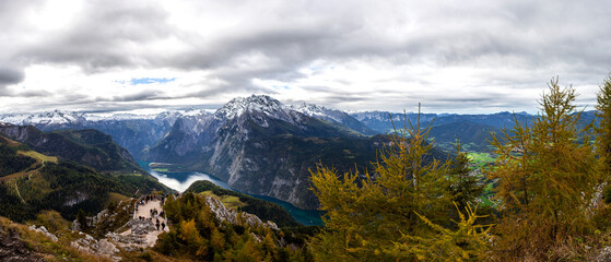 Fototapeta na wymiar Panorama mountain view to lake Koenigssee, Berchtesgaden in Bavaria, Germany