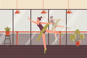 Dancing young woman vector illustration. Cartoon beautiful girl ballet dancer character poses, lady ballerina choreographing in tutu costume, classroom interior of choreography dance school background © Flash Vector