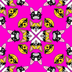 Fototapeta premium Dog in pixel sunglasses. Seamless pattern on pink