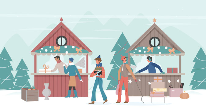 Family people walk in Christmas city or village market vector illustration. Cartoon customer characters buy Christmas gifts and food in festive decorated marketplace, xmas stall or kiosk background