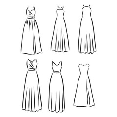 Hand drawn vector clothing set. of trendy maxi dresses isolated on white. dress vector sketch illustration