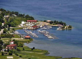 aerial view of the boats at the Marina in Gore Bay on Manitoulin Island, Ontario Canada