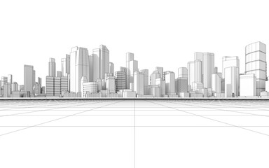 Empty grid floor for the development project. 3d rendering of abstract wireframe cityscape with white background.