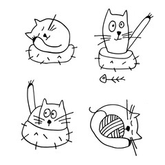 Vector hand drawn set of funny cats isoated on the white background. Vector cute cats illustrations collection.